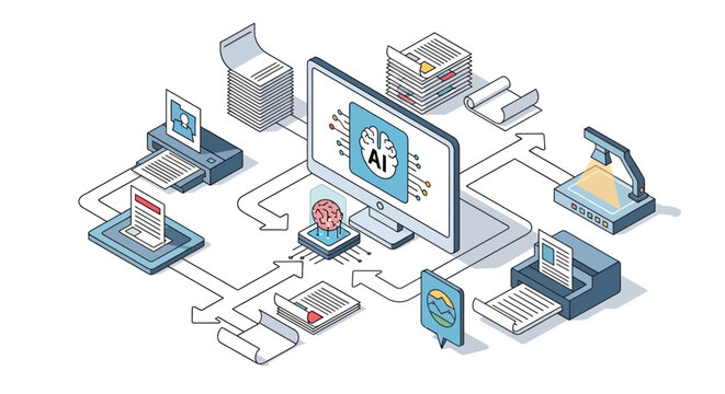 AI Document Processing and Automation Workflow Isometric Illustration; Digital Transformation, OCR, and Machine Learning Conceptual Design for Business