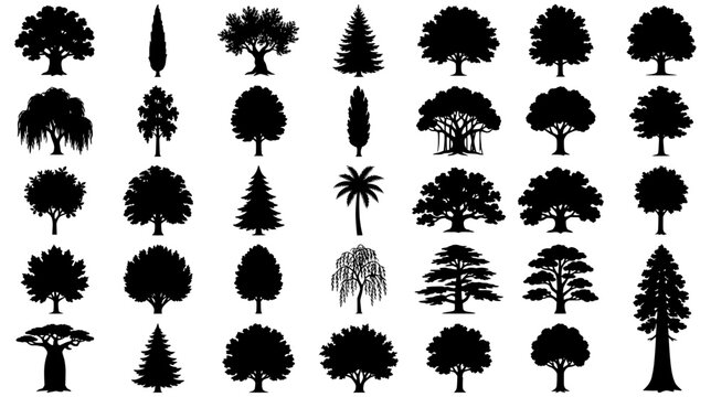 Collection of Silhouettes of Various Types of Trees and Plants for Design