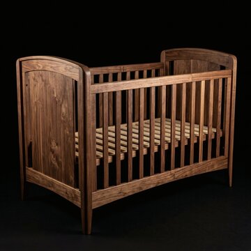 Vintage wooden baby crib isolated on black background with shabby chic, bassinet
