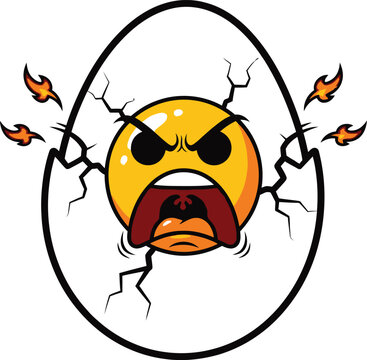 A cartoon angry emoji emerging from a cracked egg with flames around it