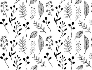 Naklejka premium Black and White Hand Drawn Botanical Seamless Pattern White Background