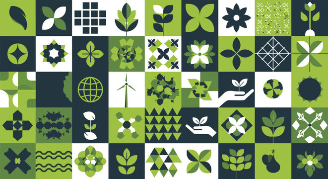 Abstract green eco geometric pattern with leaf shapes and sustainability symbols modern nature inspired seamless background design