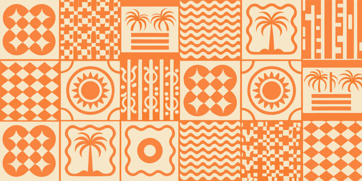 Geometric orange pattern featuring stylized palm trees and abstract shapes
