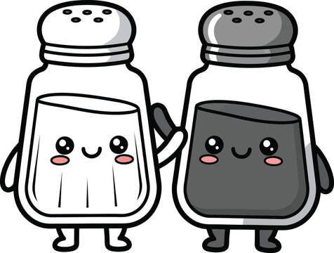 A cute illustration of salt and pepper shakers holding hands with smiling faces