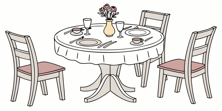 A minimalist vector illustration of a round dining table set for two with a vase of flowers