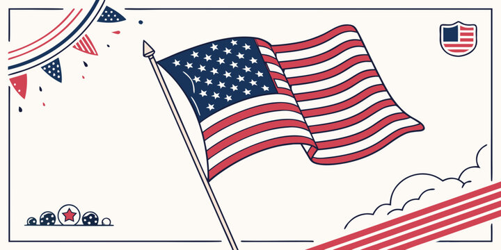 A vector graphic illustration of the American flag waving with patriotic symbols and decorations