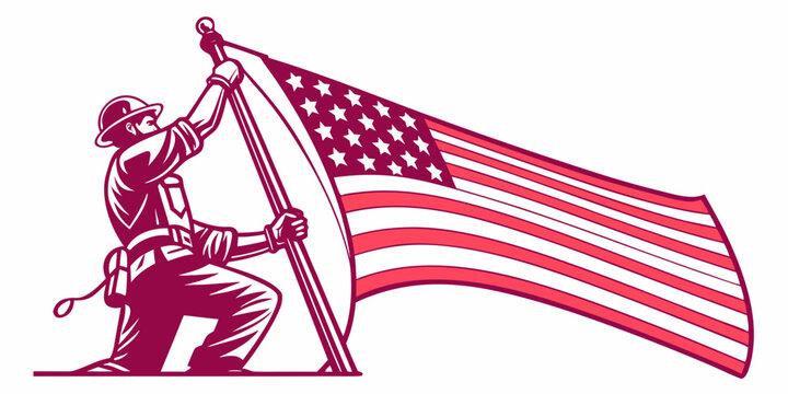 A patriotic vector graphic of a soldier kneeling while raising the American flag