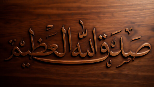 Carved Arabic Calligraphy Sadaqallah on Dark Wood Texture islam religion