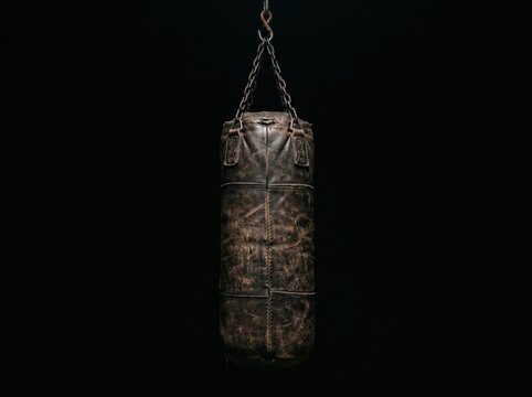 Vintage leather punching bag hanging on chain with boxing bag, training equipmen