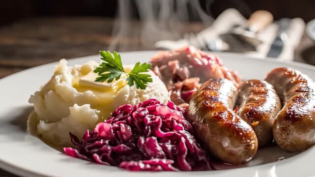 A plate featuring grilled sausages served with creamy mashed potatoes and red cabbage