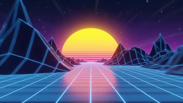 digital retro futuristic landscape with glowing neon grid and wireframe mountains. vibrant sun sets on horizon under starry sky. 80s synthwave aesthetic.
