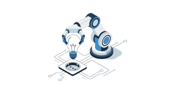 Isometric Robotic Arm Holding a Light Bulb Concept for Innovation and Automation Technology