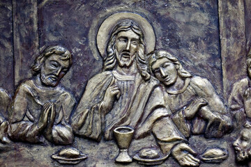 Obraz premium The Last Supper with Jesus Christ and his twelve apostles.Cathedral Saint Joseph. Hanoi. Vietnam.