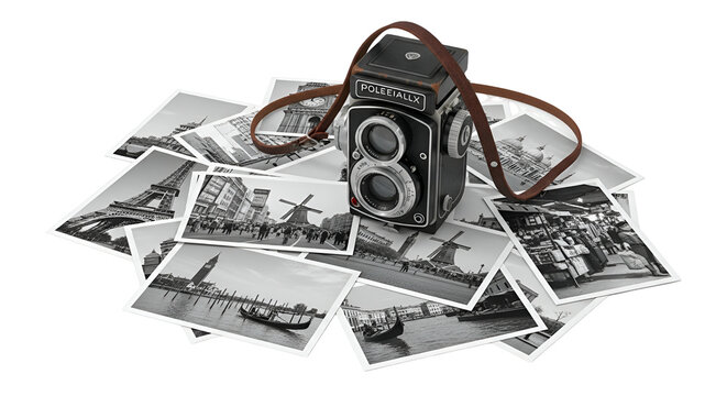 Vintage twin-lens reflex camera rests on a pile of black and white travel photographs showcasing iconic European architecture