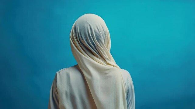 Female figure wearing hijab looking away from camera. Islamic symbol of modesty and faith.