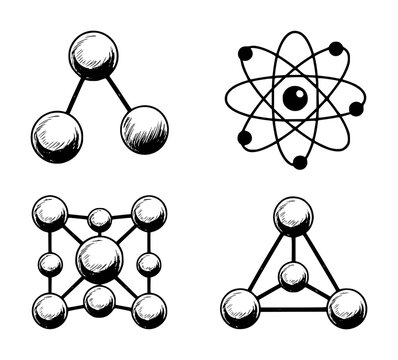 Hand drawn molecular structures and atomic model representing science and chemistry