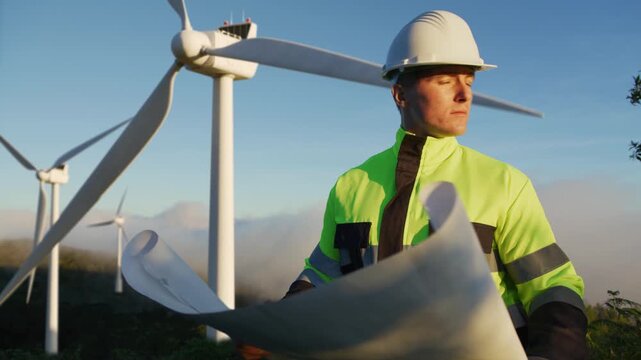Professional engineer holding blueprints while inspecting wind turbine generators, driving the transition to alternative clean energy amidst global oil shortages.