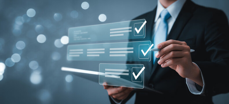 Corporate professional selecting checklist items on virtual digital interface showing task management and business compliance.