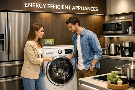 Energy Efficient Appliance Choices: A couple examining a modern washing machine amidst other energy-efficient appliances, showcasing a commitment to sustainable living and intelligent home technology.