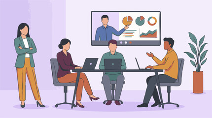 Fototapeta premium Business team meeting with virtual presenter displaying data analysis.