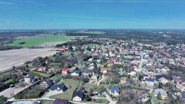 Aerial Poland neighborhood city Ogrodzieniec. Ruins of medieval castle in south central Poland. Original stronghold from 11th century, stone castle built in 13th century.