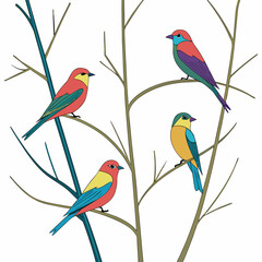 Naklejka premium A vibrant illustration showcases three colorful birds perched on slender intertwining branches against a clean white background high quality professional detailed modern