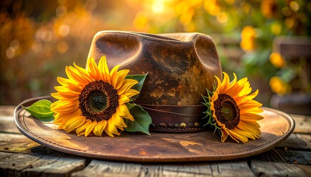 Rustic brown hat adorned with vibrant sunflowers on aged wooden surface, backlit by a warm, golden light