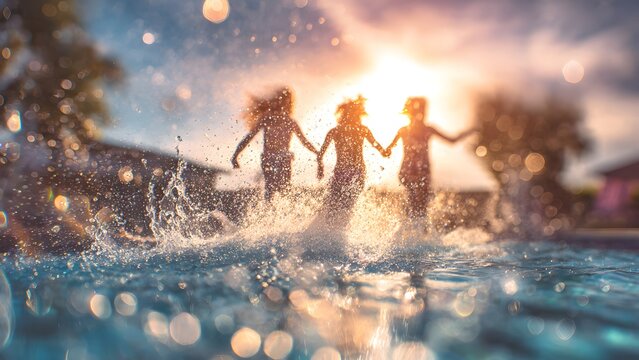 Three Young Girls Holding Hands And Splashing In Pool Water During Golden Hour Sunset Joyful Summer Lifestyle