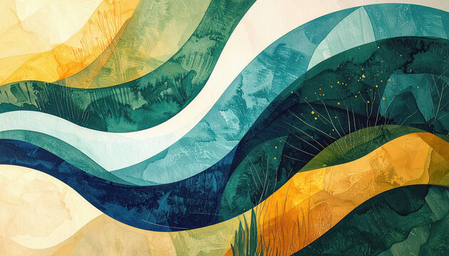 Vibrant, abstract landscape of sweeping watercolor layers depict rolling hills and distant mountains. Shades of emerald green, deep teal, and sunny yellow create a rhythmic, textured background flow