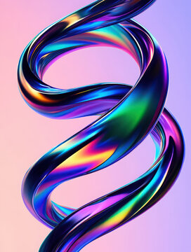 Vibrant 3D render of a hypnotic, iridescent metal ribbon twisting in a fluid chrome spiral. Shimmering with a pearlescent sheen, glossy curves capture the light with a modern, high-tech elegance