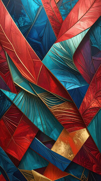 Bold abstract pattern features sharp, geometric shards filled with fan-like textures and feathered ridges. Striking palette of crimson red, teal, and gold creates a luxurious mosaic background