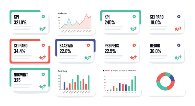 Data Dashboard Vector Set Featuring KPI, Graphs, Charts, and Performance Metrics for Business Analytics and Reporting.
