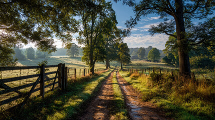Obraz premium Idyllic rural road winding through sunlit green fields and old trees at golden morning hour