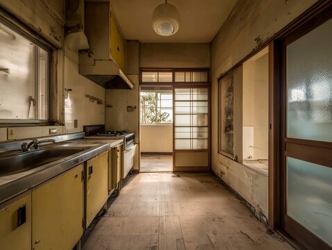 昭和レトロな雰囲気が漂う古いアパートの台所と使い込まれた黄色のキッチンシンクの室内風景