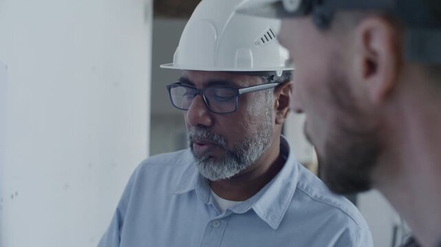 Senior male architect in safety helmet marking floor plan on wall and talking to colleague while working together inside unfinished construction site