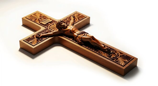 Stylish wooden religious cross with sacred Christian iconography photographed in premium isolated studio shot on seamless white background