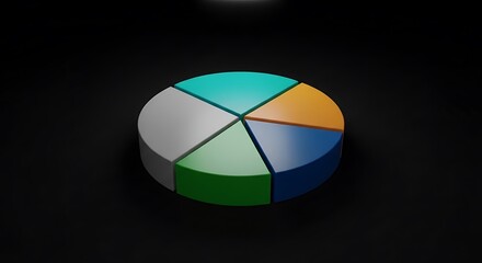 Fototapeta premium 3D-rendered pie chart with five colorful sections on black backdrop, shadow detail