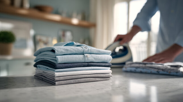Neatly folded pile of freshly ironed shirts stacked on a kitchen counter with a person pressing clothes in a bright and cozy home environment