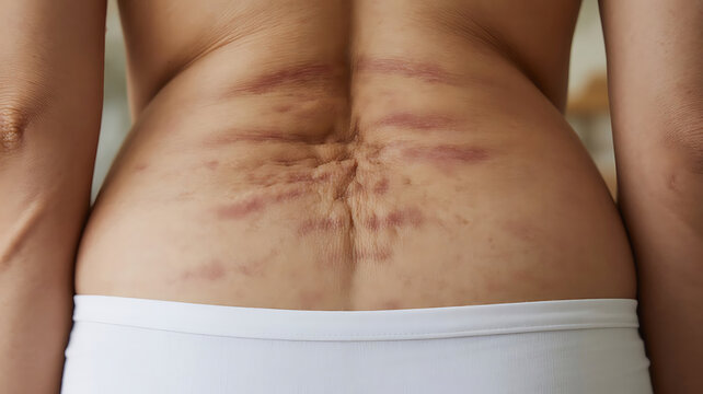 Close up of lower back skin with purple stretch marks and wrinkles body human