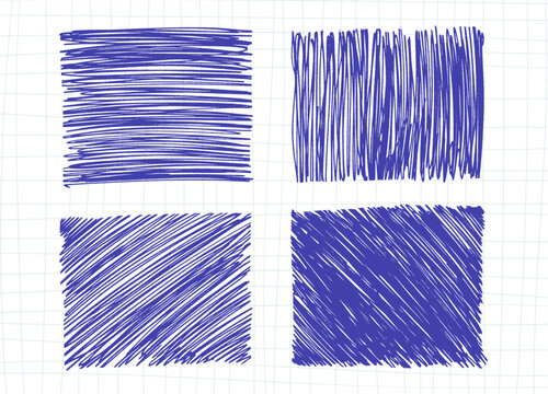 Isolated blue ink scribbled squares set. Hand drawn rough hatched texture blocks on grid notebook background. Vector chaos doodle elements collection for text highlight, banner and grunge design.