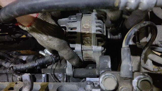 Mechanic hands in gloves installing a car alternator into engine
