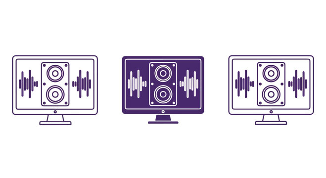 Three computer monitors displaying audio waveform and sound level meter graphics on screens