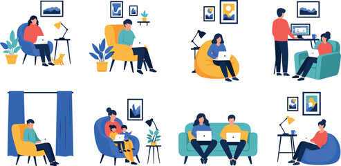 Fototapeta premium Illustration of People Working, Relaxing, and Enjoying Home Spaces with Colorful Furniture, Remote Work and Family Time Concept