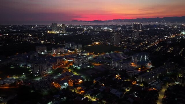 Aerial drone view of UiTM Kampus Permatang Pauh at sunset cityscape