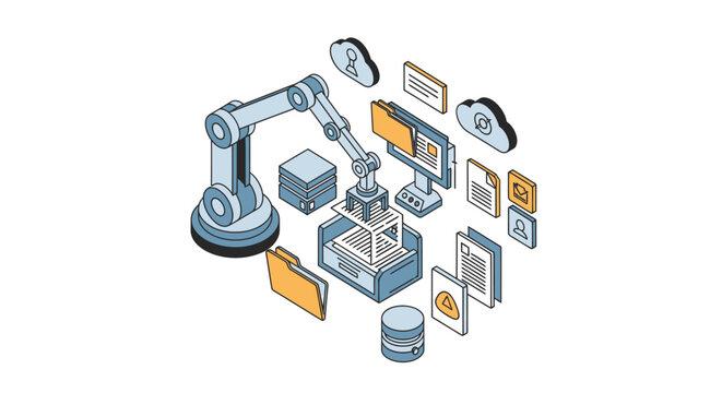 Robotic Process Automation RPA Isometric Illustration of Data Management, Digital Workflow Efficiency, and AI-Driven Document Processing for Business Growth