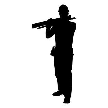 Construction worker lumber boards bringing silhouette
