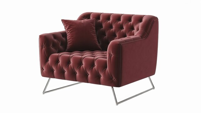 Deep red velvet armchair with tufted upholstery and modern chrome legs furniture