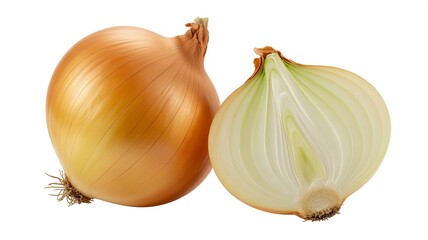 Fototapeta premium Whole yellow onion and half onion cut revealing layers on white background halved onion vegetable