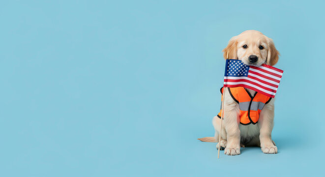 Adorable golden retriever puppy dressed in safety vest holding american flag in mouth sitting on a light blue studio background with copy space.
