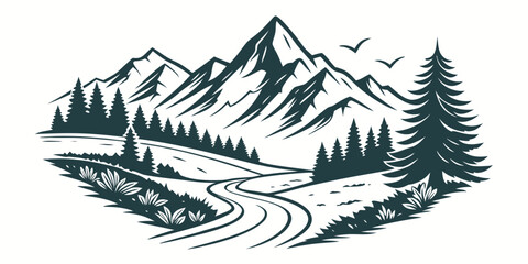 Naklejka premium A serene mountain landscape illustration with a winding road and trees in a minimalist style